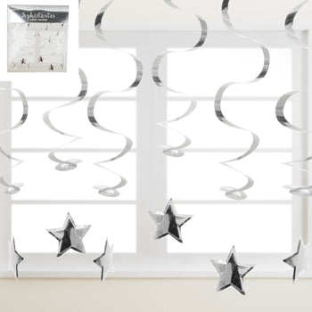 *6pk Metallic Silver Swirl Hanging Decoration w/Star